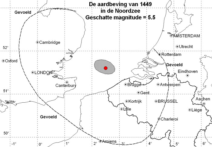 Deze kaart duidt het gebied aan waar de aardbeving van 23 april 1449 werd gevoeld.